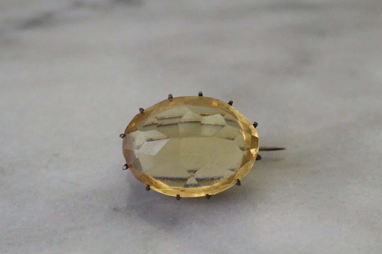 Antique Victorian Yellow Citrine Glass Faceted Oval Brooch Pin