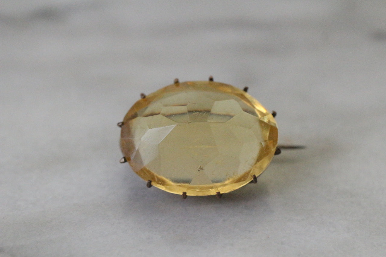 Antique Victorian Yellow Citrine Glass Faceted Oval Brooch Pin