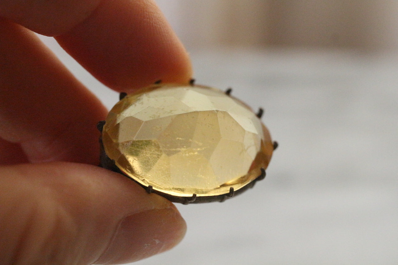 Antique Victorian Yellow Citrine Glass Faceted Oval Brooch Pin