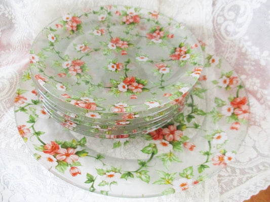 Vintage floral glass plates, 6 - 7" plates &amp; 1 - 10" plate, cherry blossoms pattern, excellent condition
